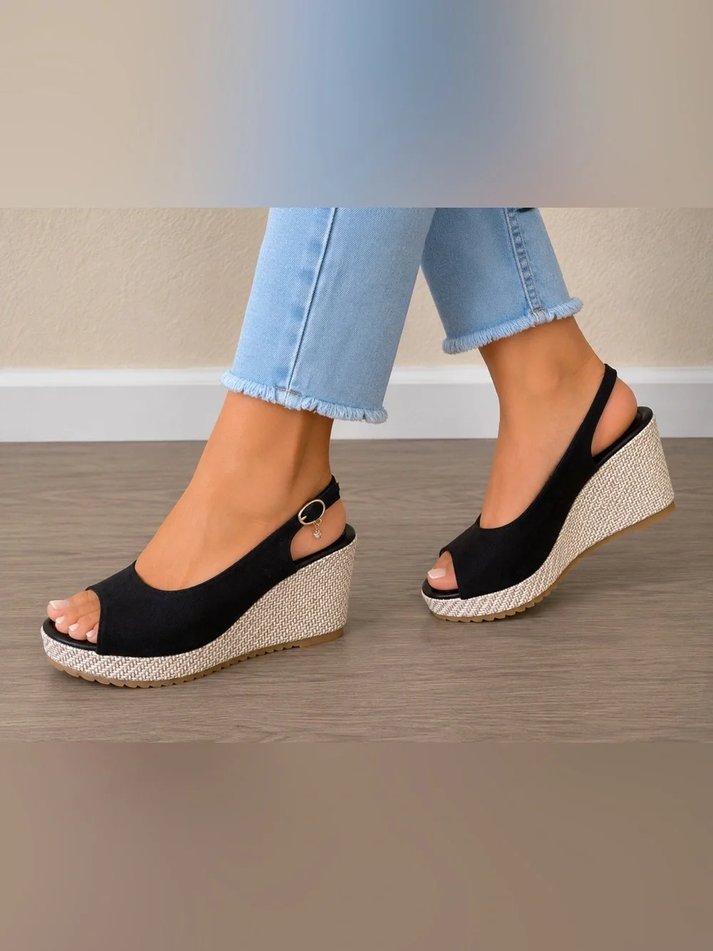 NWOT Black Peep Toe Slingback Wedge Sandals Woven Platform Size 39